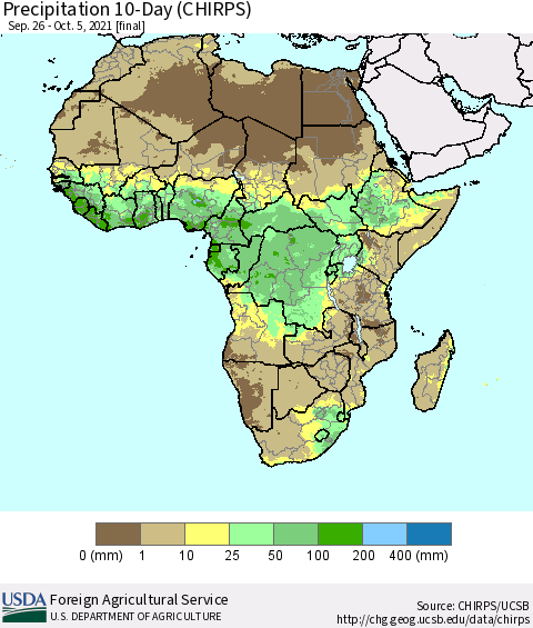 Africa Precipitation 10-Day (CHIRPS) Thematic Map For 9/26/2021 - 10/5/2021