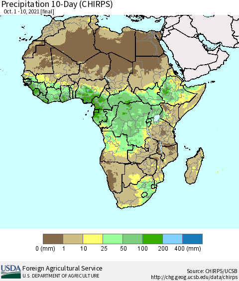 Africa Precipitation 10-Day (CHIRPS) Thematic Map For 10/1/2021 - 10/10/2021
