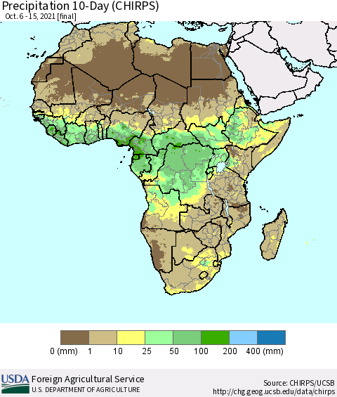 Africa Precipitation 10-Day (CHIRPS) Thematic Map For 10/6/2021 - 10/15/2021
