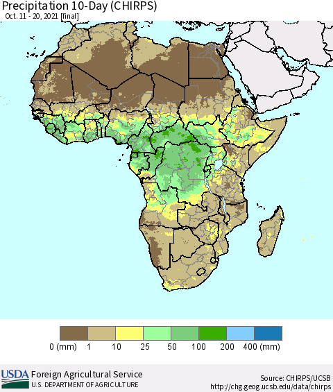 Africa Precipitation 10-Day (CHIRPS) Thematic Map For 10/11/2021 - 10/20/2021