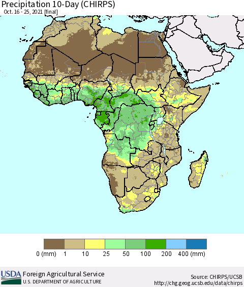 Africa Precipitation 10-Day (CHIRPS) Thematic Map For 10/16/2021 - 10/25/2021
