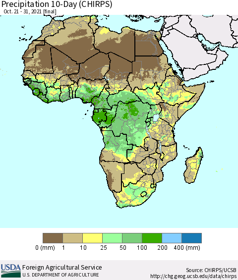 Africa Precipitation 10-Day (CHIRPS) Thematic Map For 10/21/2021 - 10/31/2021