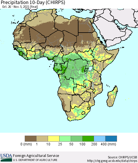 Africa Precipitation 10-Day (CHIRPS) Thematic Map For 10/26/2021 - 11/5/2021