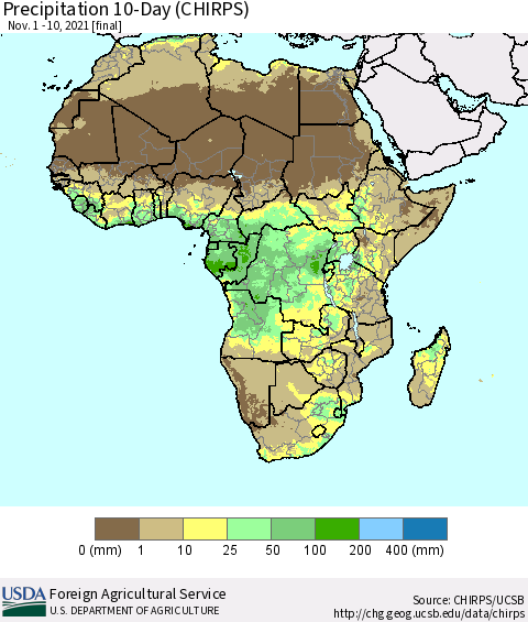 Africa Precipitation 10-Day (CHIRPS) Thematic Map For 11/1/2021 - 11/10/2021