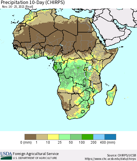 Africa Precipitation 10-Day (CHIRPS) Thematic Map For 11/16/2021 - 11/25/2021