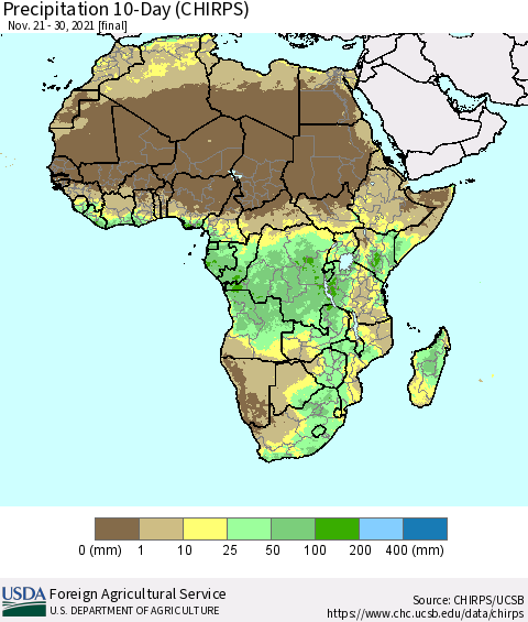 Africa Precipitation 10-Day (CHIRPS) Thematic Map For 11/21/2021 - 11/30/2021