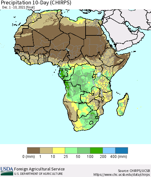 Africa Precipitation 10-Day (CHIRPS) Thematic Map For 12/1/2021 - 12/10/2021