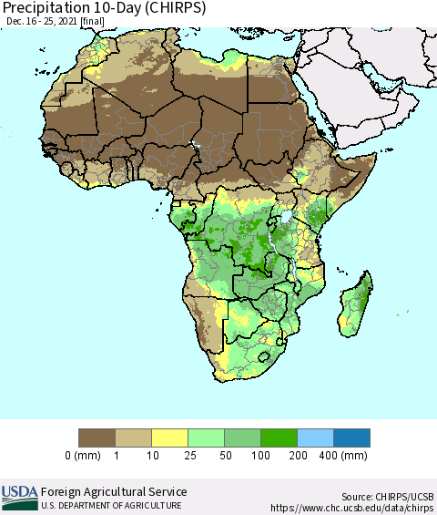 Africa Precipitation 10-Day (CHIRPS) Thematic Map For 12/16/2021 - 12/25/2021