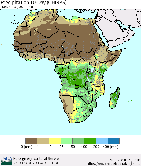 Africa Precipitation 10-Day (CHIRPS) Thematic Map For 12/21/2021 - 12/31/2021