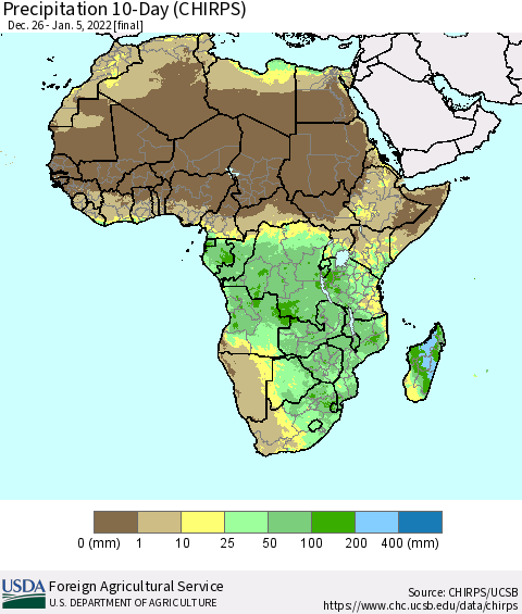 Africa Precipitation 10-Day (CHIRPS) Thematic Map For 12/26/2021 - 1/5/2022