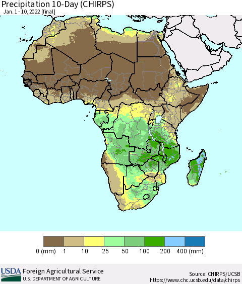 Africa Precipitation 10-Day (CHIRPS) Thematic Map For 1/1/2022 - 1/10/2022
