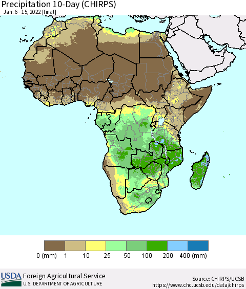 Africa Precipitation 10-Day (CHIRPS) Thematic Map For 1/6/2022 - 1/15/2022