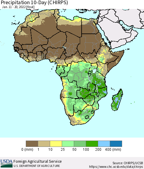 Africa Precipitation 10-Day (CHIRPS) Thematic Map For 1/11/2022 - 1/20/2022
