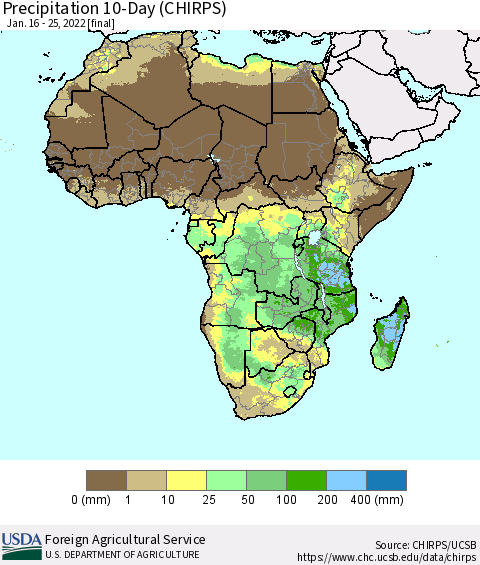 Africa Precipitation 10-Day (CHIRPS) Thematic Map For 1/16/2022 - 1/25/2022