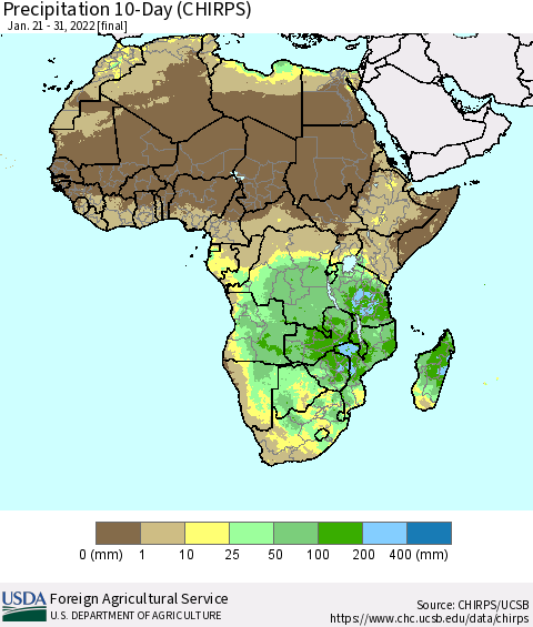 Africa Precipitation 10-Day (CHIRPS) Thematic Map For 1/21/2022 - 1/31/2022