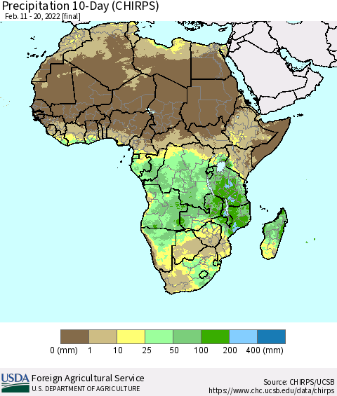 Africa Precipitation 10-Day (CHIRPS) Thematic Map For 2/11/2022 - 2/20/2022