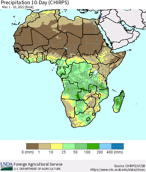 Africa Precipitation 10-Day (CHIRPS) Thematic Map For 3/1/2022 - 3/10/2022