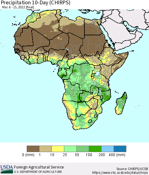 Africa Precipitation 10-Day (CHIRPS) Thematic Map For 3/6/2022 - 3/15/2022