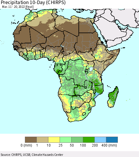 Africa Precipitation 10-Day (CHIRPS) Thematic Map For 3/11/2022 - 3/20/2022