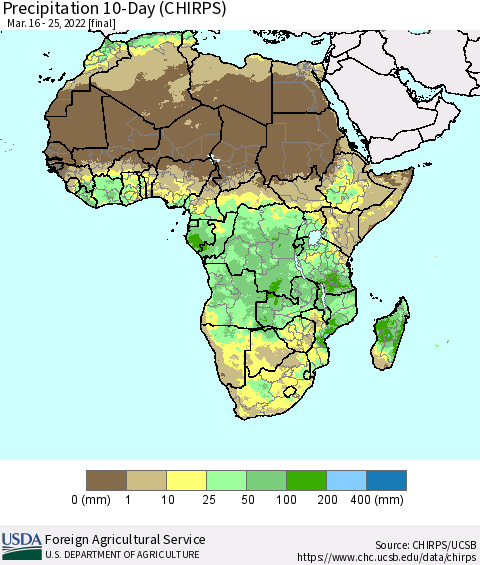 Africa Precipitation 10-Day (CHIRPS) Thematic Map For 3/16/2022 - 3/25/2022