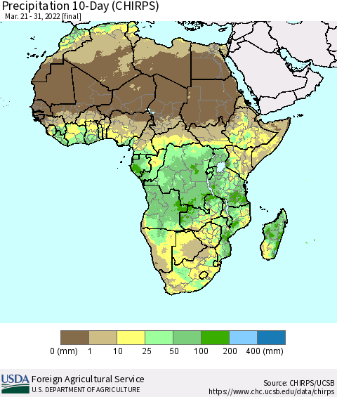 Africa Precipitation 10-Day (CHIRPS) Thematic Map For 3/21/2022 - 3/31/2022