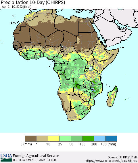 Africa Precipitation 10-Day (CHIRPS) Thematic Map For 4/1/2022 - 4/10/2022