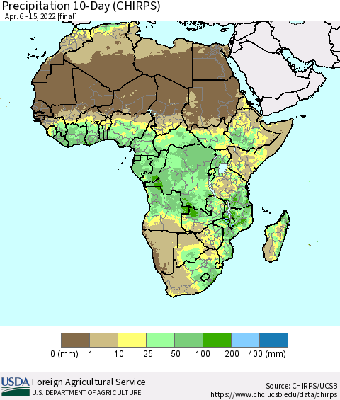 Africa Precipitation 10-Day (CHIRPS) Thematic Map For 4/6/2022 - 4/15/2022