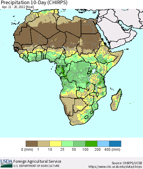 Africa Precipitation 10-Day (CHIRPS) Thematic Map For 4/11/2022 - 4/20/2022