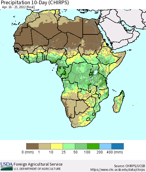 Africa Precipitation 10-Day (CHIRPS) Thematic Map For 4/16/2022 - 4/25/2022