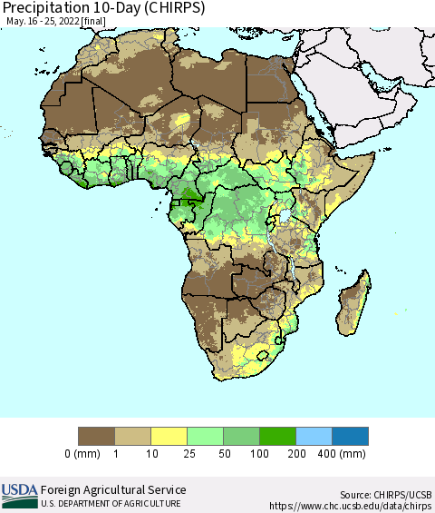 Africa Precipitation 10-Day (CHIRPS) Thematic Map For 5/16/2022 - 5/25/2022