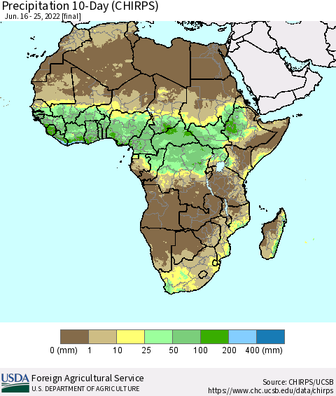 Africa Precipitation 10-Day (CHIRPS) Thematic Map For 6/16/2022 - 6/25/2022
