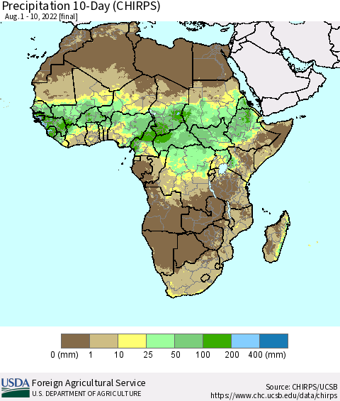 Africa Precipitation 10-Day (CHIRPS) Thematic Map For 8/1/2022 - 8/10/2022
