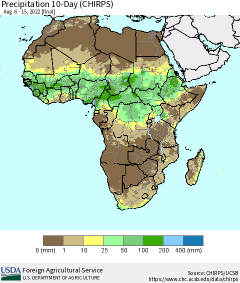 Africa Precipitation 10-Day (CHIRPS) Thematic Map For 8/6/2022 - 8/15/2022