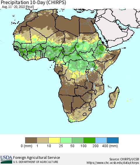 Africa Precipitation 10-Day (CHIRPS) Thematic Map For 8/11/2022 - 8/20/2022