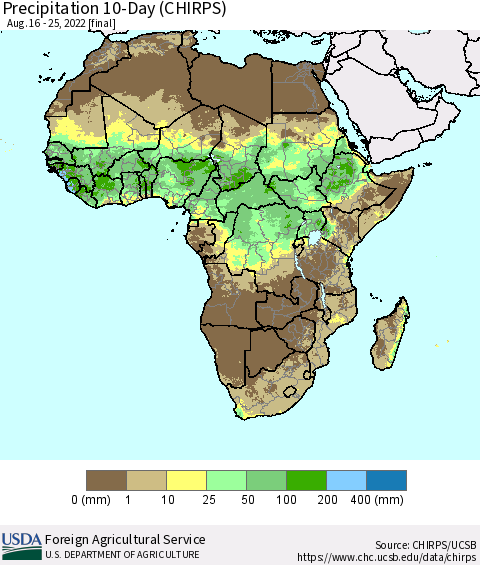 Africa Precipitation 10-Day (CHIRPS) Thematic Map For 8/16/2022 - 8/25/2022