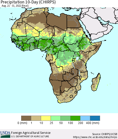 Africa Precipitation 10-Day (CHIRPS) Thematic Map For 8/21/2022 - 8/31/2022