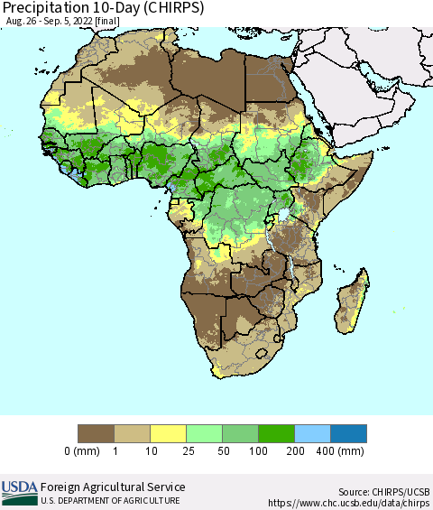 Africa Precipitation 10-Day (CHIRPS) Thematic Map For 8/26/2022 - 9/5/2022