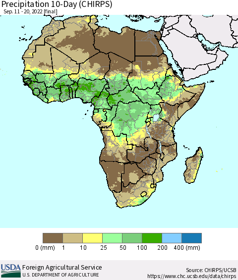 Africa Precipitation 10-Day (CHIRPS) Thematic Map For 9/11/2022 - 9/20/2022