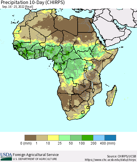 Africa Precipitation 10-Day (CHIRPS) Thematic Map For 9/16/2022 - 9/25/2022