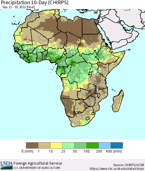 Africa Precipitation 10-Day (CHIRPS) Thematic Map For 9/21/2022 - 9/30/2022