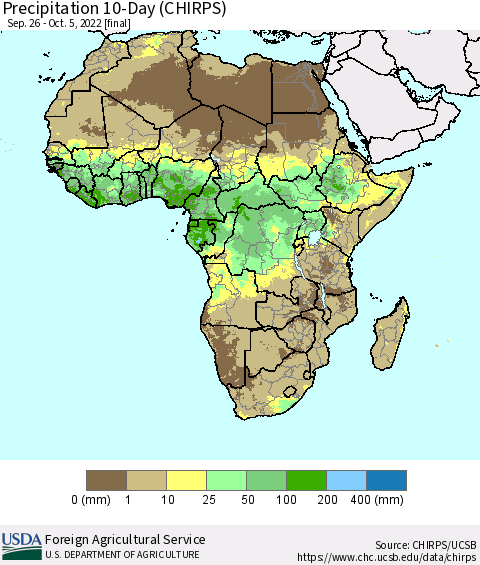 Africa Precipitation 10-Day (CHIRPS) Thematic Map For 9/26/2022 - 10/5/2022