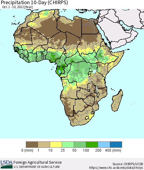 Africa Precipitation 10-Day (CHIRPS) Thematic Map For 10/1/2022 - 10/10/2022