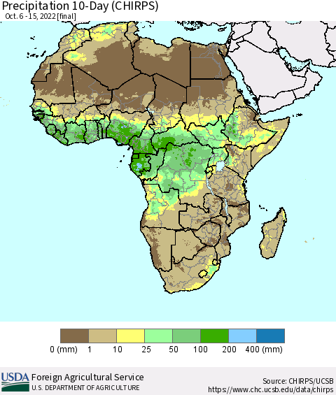 Africa Precipitation 10-Day (CHIRPS) Thematic Map For 10/6/2022 - 10/15/2022