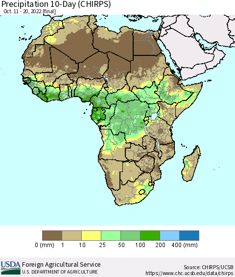 Africa Precipitation 10-Day (CHIRPS) Thematic Map For 10/11/2022 - 10/20/2022