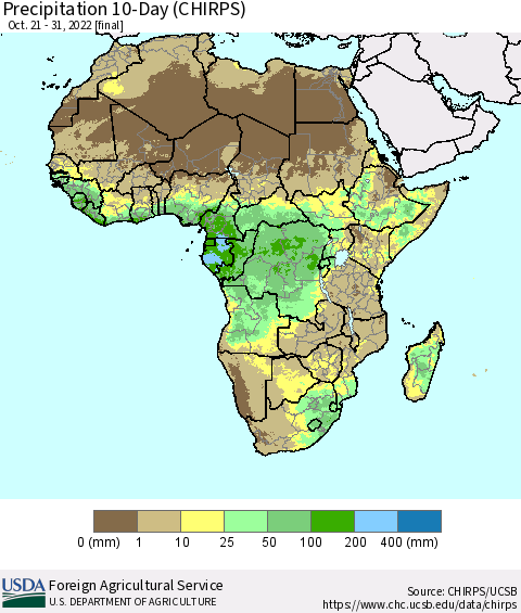 Africa Precipitation 10-Day (CHIRPS) Thematic Map For 10/21/2022 - 10/31/2022