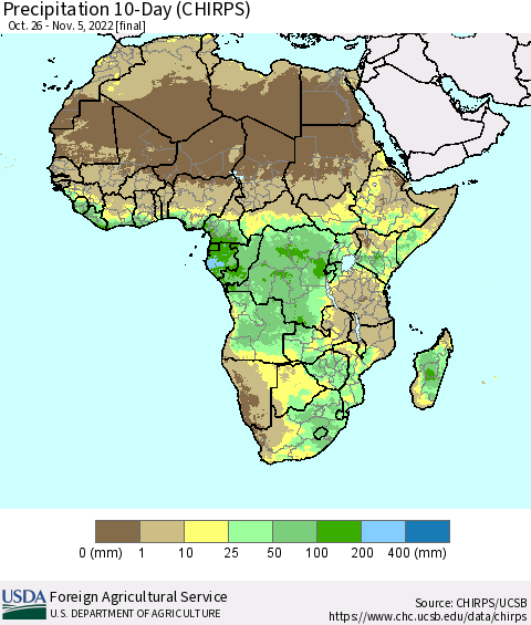 Africa Precipitation 10-Day (CHIRPS) Thematic Map For 10/26/2022 - 11/5/2022
