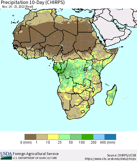 Africa Precipitation 10-Day (CHIRPS) Thematic Map For 11/16/2022 - 11/25/2022