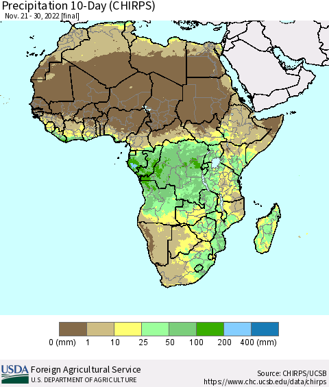 Africa Precipitation 10-Day (CHIRPS) Thematic Map For 11/21/2022 - 11/30/2022