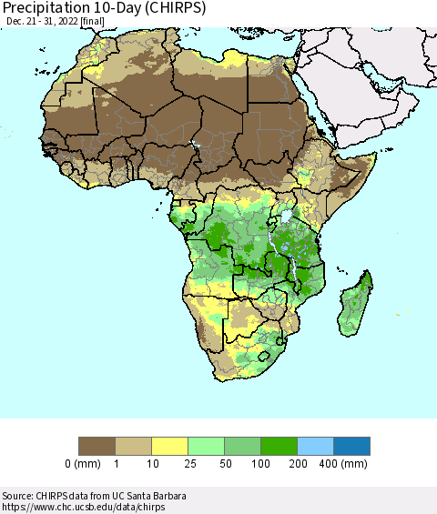 Africa Precipitation 10-Day (CHIRPS) Thematic Map For 12/21/2022 - 12/31/2022