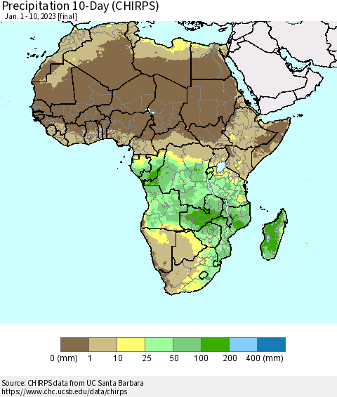 Africa Precipitation 10-Day (CHIRPS) Thematic Map For 1/1/2023 - 1/10/2023